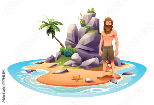 Castaway man on uninhabited island with palm trees and rocks. Vector cartoon illustration isolated on white background