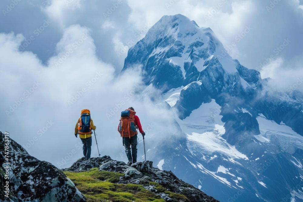 Two Hikers Ascending a Mountain With Backpacks, Two hikers amid their ascent, one assisting the other towards the mountain peak, AI Generated