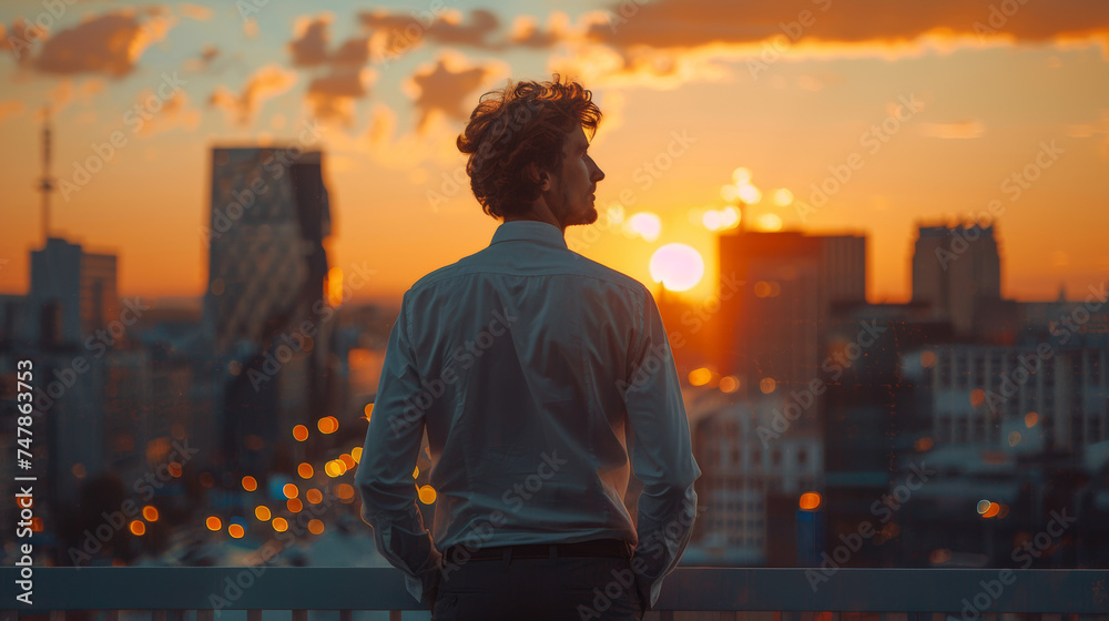 A man viewed from behind looks over a bustling city as the sun sets, depicting contemplation and urban life