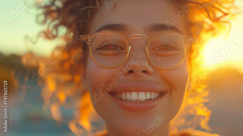 Joyful woman's close-up with curly hair illuminated by the golden hour light photo