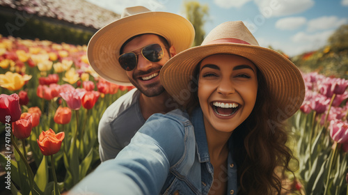 Laughing couple in sunhats and sunglasses enjoying a sunny day out, taking a selfie among colorful tulips in a vibrant garden.  © RaptorWoman