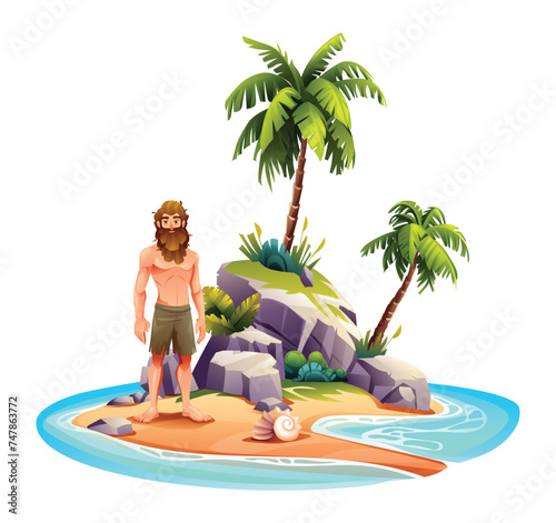 Castaway man on desert island with palm trees and rocks. Vector cartoon illustration isolated on white background