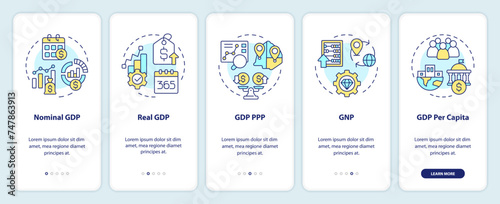 Macroeconomic indicators onboarding mobile app screen. Walkthrough 5 steps editable graphic instructions with linear concepts. UI, UX, GUI template. Myriad Pro-Bold, Regular fonts used