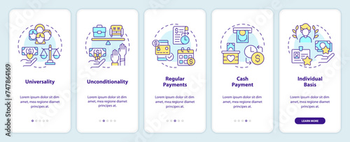 Universal basic income onboarding mobile app screen. Unequal salary. Walkthrough 5 steps editable graphic instructions with linear concepts. UI, UX, GUI template. Myriad Pro-Bold, Regular fonts used
