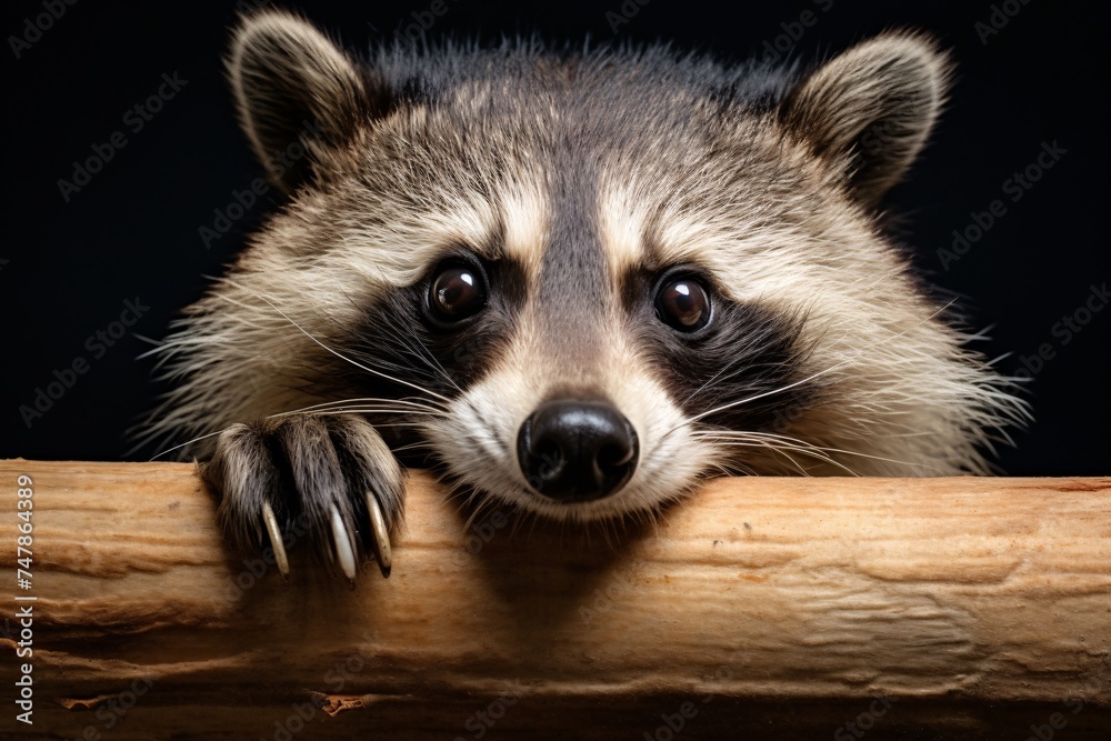a raccoon with its paws on a log