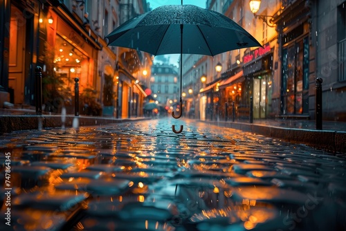 A person walks down a busy city street, holding an umbrella to shield themselves from the rain, Underneath an umbrella on a rainy Parisian cobblestone street lined with lit shops, AI Generated