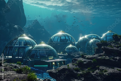 A group of modern, high-tech houses floating on the ocean surface, showcasing futuristic architecture and sustainable living, Underwater dome colony on an extraterrestrial ocean planet, AI Generated