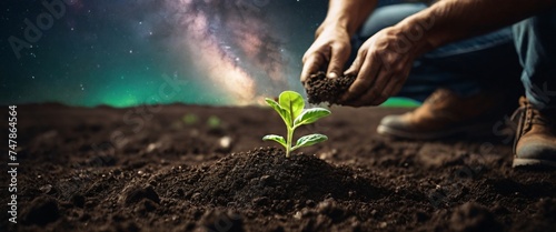 Expert hand of farmer checking soil health before growth a seed of vegetable or plant seedling, Business or ecology concept, analyze complex data sets in real-time, with a digital interface overlaid