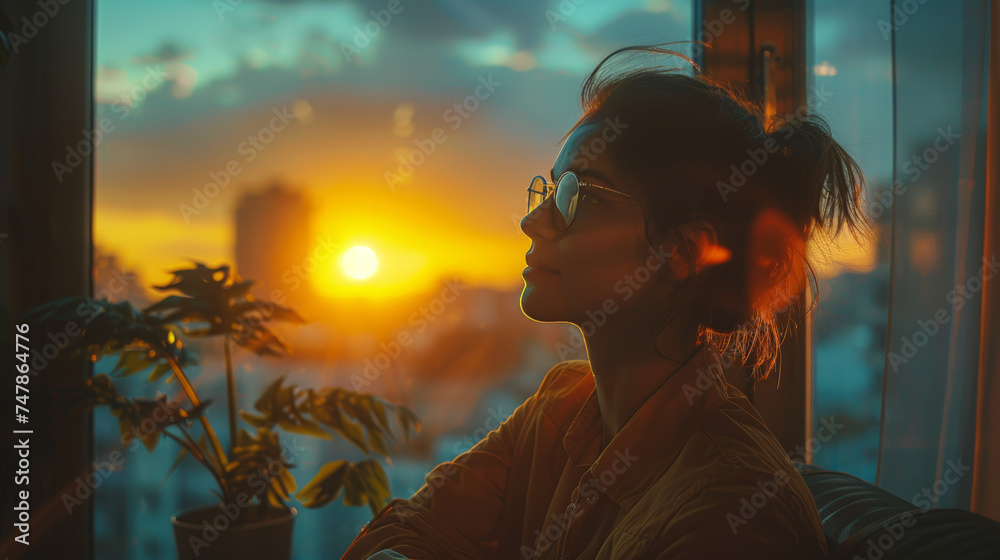 A contemplative person sitting at home by the window relishing a picturesque domestic sunset - obrazy, fototapety, plakaty 