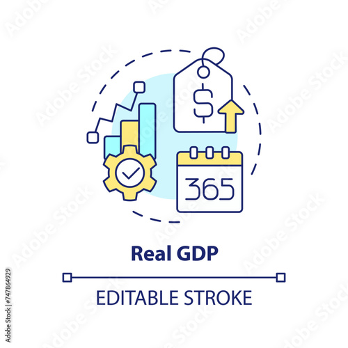 Real gdp multi color concept icon. Macro economy. Government revenue, capital gain. Market value. Round shape line illustration. Abstract idea. Graphic design. Easy to use in brochure, booklet photo