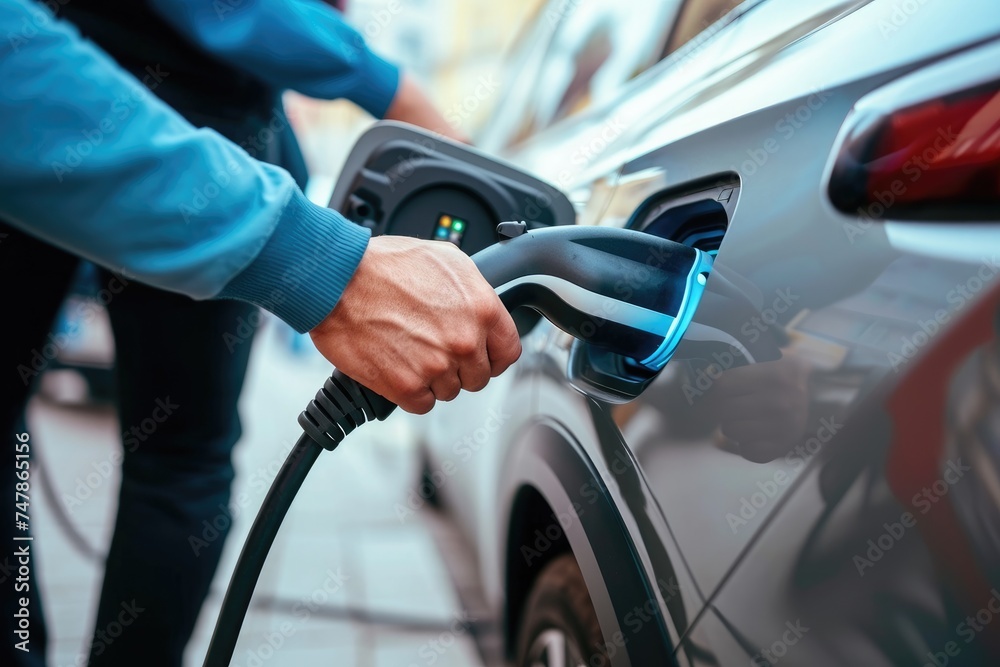 A person wearing a blue shirt pumps gas into a silver sedan at a busy gas station, Up close image of hands plugging a charger into an electric vehicle, AI Generated - obrazy, fototapety, plakaty 