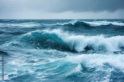 A large expanse of water, the ocean, featuring powerful waves crashing against the shore, Unsettled, choppy ocean waves in an unrestful sea, AI Generated