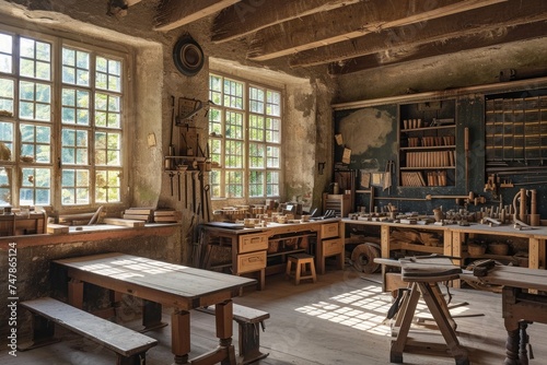 A spacious room adorned with numerous pieces of elegant wooden furniture, creating a warm and inviting atmosphere, Unsigned ancient classroom with woodworking benches and old tools, AI Generated