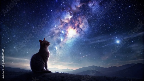 Lonely Cat Watching Night Sky with Hope