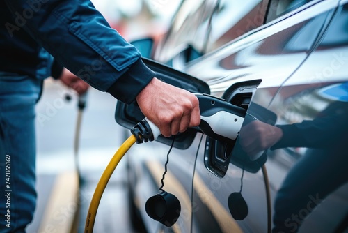 A man is seen pumping gas into his car at a gas station, with other vehicles visible in the background, Up close image of hands plugging a charger into an electric vehicle, AI Generated