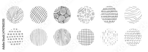 Set of hand drawn in circle texture with different pencil patterns. Crosshatch, rain, wood, spiral and lines. Vector illustration on white background