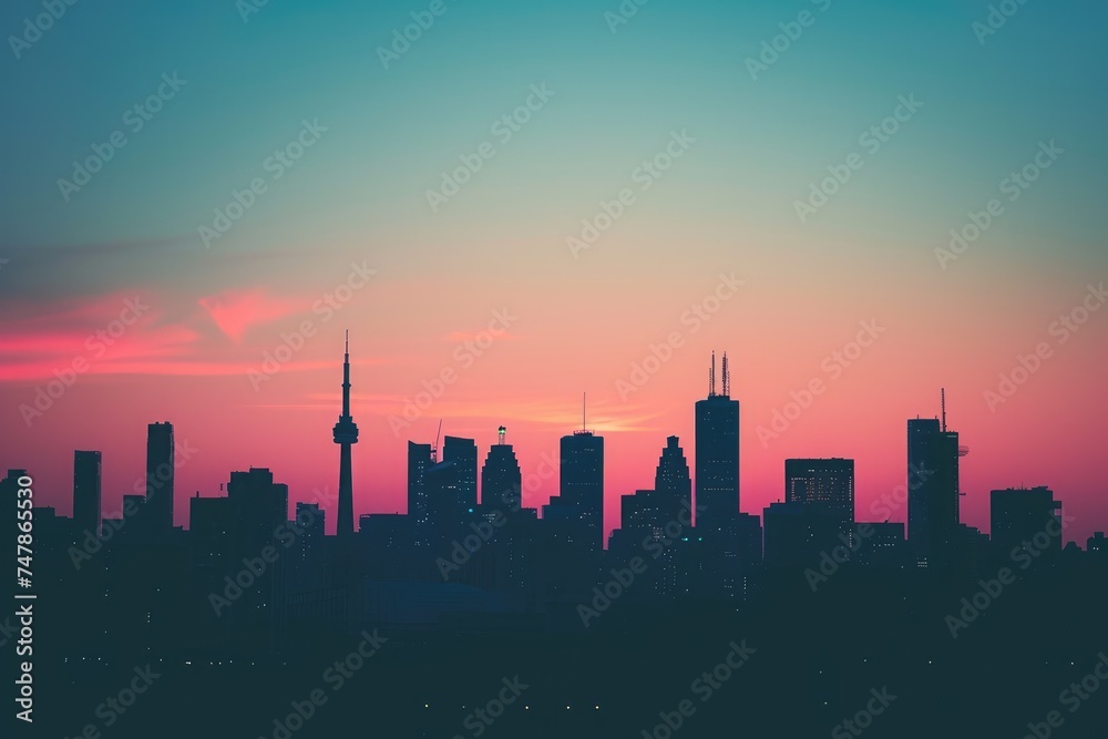 Stunning View of City Skyline at Sunset, Urban skyline silhouette against a pastel-colored sunset, AI Generated