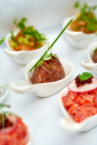 Appetizer for the banquet - different types of salmon, beef and tuna tartare on the table