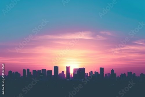 The sun sets over a city skyline, casting a warm, orange glow over the buildings and creating a beautiful evening view, Urban skyline silhouette against a pastel-colored sunset, AI Generated