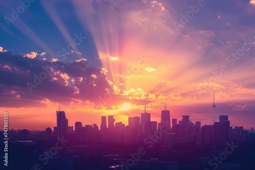 The sun is setting over a city skyline  casting warm golden light on the tall buildings  Urban skyline silhouette against a pastel-colored sunset  AI Generated
