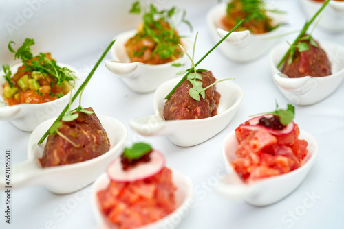 Appetizer for the banquet - different types of salmon, beef and tuna tartare on the table