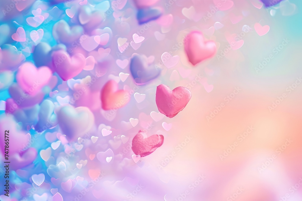 Several hearts in different colors and sizes floating gracefully through the air, Valentineâ€™s day themed pastel gradient with floating hearts, AI Generated