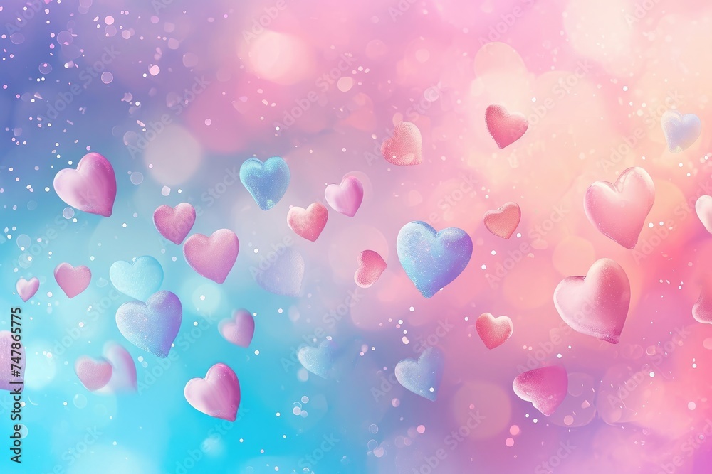 A collection of hearts of different colors floating gracefully in the air, Valentineâ€™s day themed pastel gradient with floating hearts, AI Generated