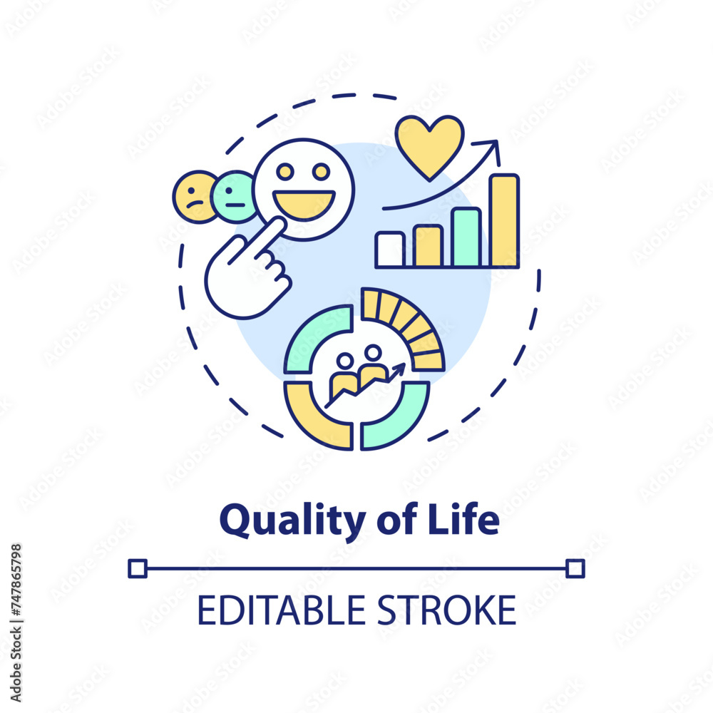 Quality of life multi color concept icon. Demography statistics. Geopolitical happiness metrics. Round shape line illustration. Abstract idea. Graphic design. Easy to use in brochure, booklet