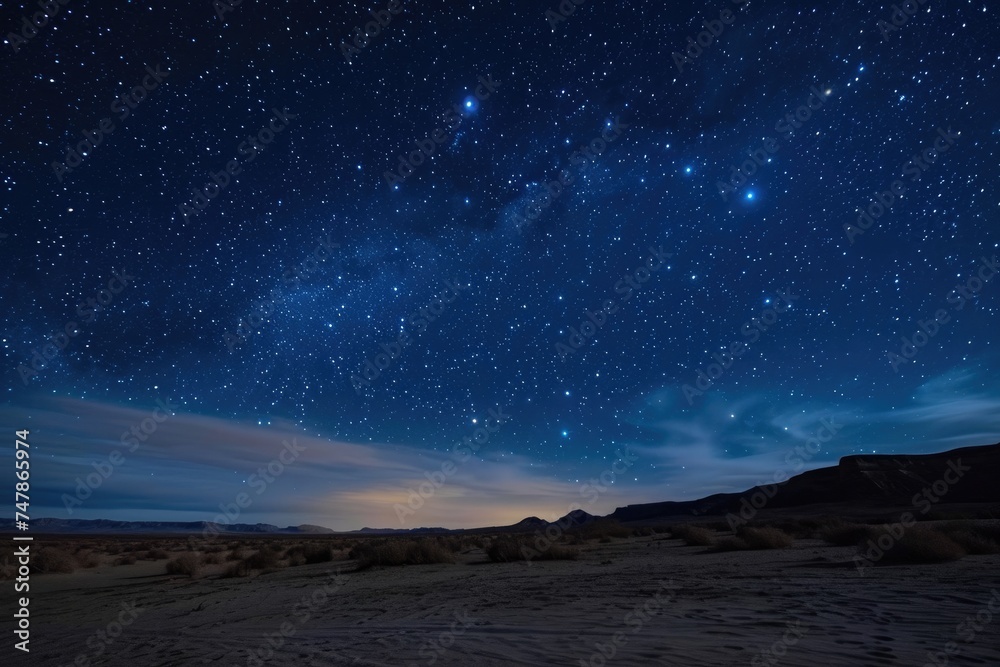 A photograph capturing a vast night sky adorned with an abundance of stars and scattered clouds, Vast desert landscape beneath a star-filled night sky, AI Generated
