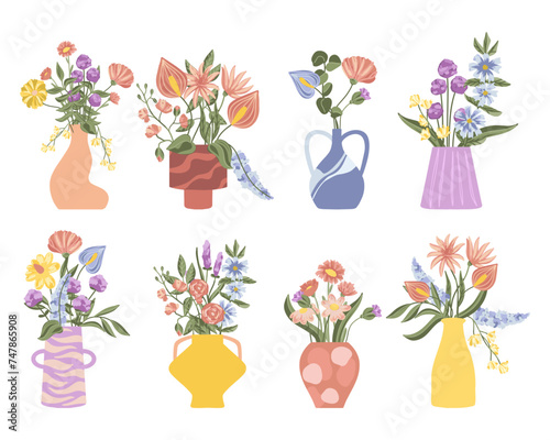 Spring and summer colorful flowers in vases. Vector illustration.