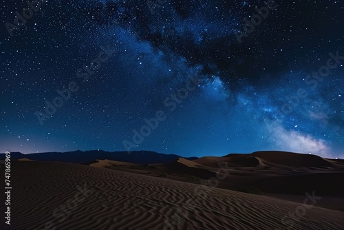 The night sky above a barren desert is illuminated by a multitude of stars, Vast desert landscape beneath a star-filled night sky, AI Generated