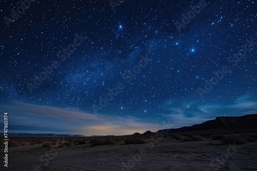 A photograph capturing a vast night sky adorned with an abundance of stars and scattered clouds, Vast desert landscape beneath a star-filled night sky, AI Generated