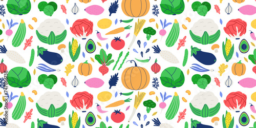Hand drawn organic vegetables seampless pattern. Natural healthy food repeating print. Vector illustration  photo
