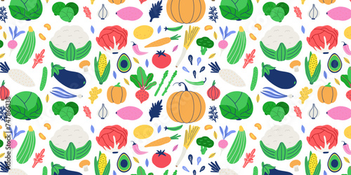 Hand drawn organic vegetables seampless pattern. Natural healthy food repeating print. Vector illustration 