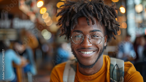 Casual young man with dreadlocks in a cafe, face obscured by a brown square