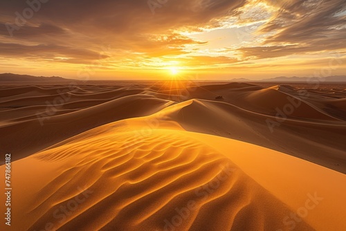 A photo capturing the moment as the sun sets over the sand dunes, creating a warm glow on the sandy beach, Vast sand dunes under a golden sunset, AI Generated