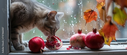 A gray cat with whiskers and a furry coat is sniffing a ripe, red pomegranate placed on a wooden windowsill. The cats curiosity is evident as it investigates the fruit with its nose. photo