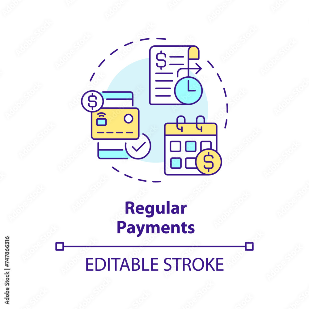 Regular payments multi color concept icon. Salary income, financial sustainability. Monthly revenue. Round shape line illustration. Abstract idea. Graphic design. Easy to use in brochure, booklet Regular payments multi color concept icon. Salary income, financial sustainability. Monthly revenue. Round shape line illustration. Abstract idea. Graphic design. Easy to use in brochure, booklet