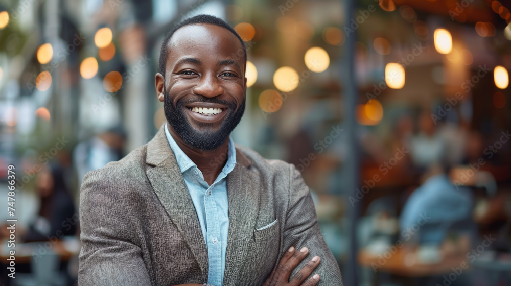 Confident and fashionable male figure stands with arms crossed in a bustling café setting, exuding casual elegance and poise Confident and fashionable male figure stands with arms crossed in a bustling café setting, exuding casual elegance and poise