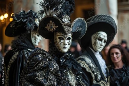 A diverse group of individuals wearing masks and colorful costumes participate in a cultural festival, Venetian masquerade ball with guests in elaborate costumes and masks, AI Generated