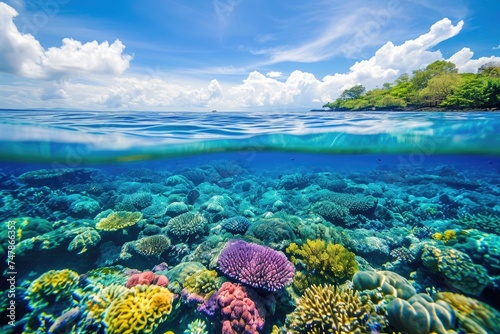A vibrant coral reef teeming with marine life is captured in front of a small island in the distance, Vibrant coral reef seen from a crystal-clear ocean surface, AI Generated