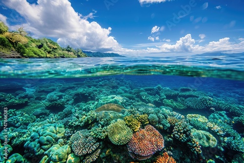 This photo captures a rich and diverse underwater ecosystem as the coral reef thrives in the ocean, Vibrant coral reef seen from a crystal-clear ocean surface, AI Generated © Iftikhar alam