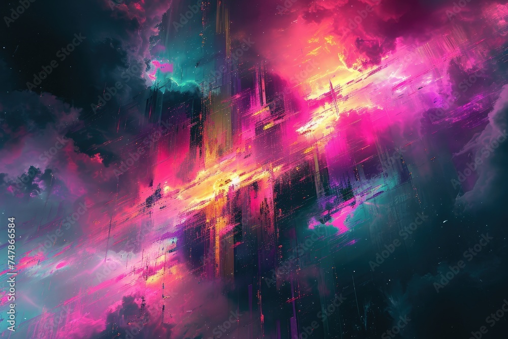 An abstract painting featuring vibrant colors depicting clouds in the sky, Vibrant, glowy futurism combined with abstract digital art, AI Generated