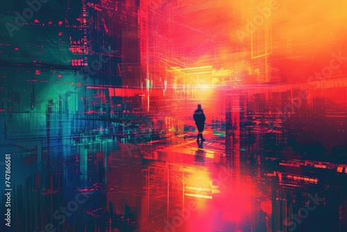 A person walks briskly down a crowded street in front of towering skyscrapers, immersed in the urban landscape, Vibrant, glowy futurism combined with abstract digital art, AI Generated