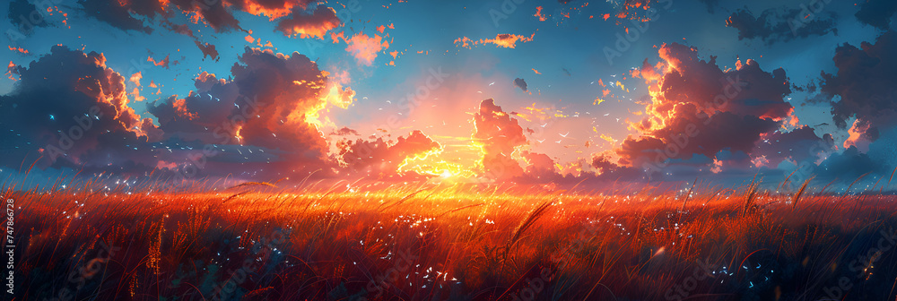 A field of tall grass with the sun setting wallpaper,
A surreal impressionistic watercolor painting

