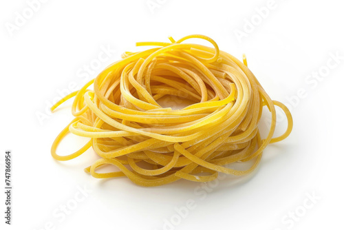 A nest of raw spaghetti strands on a pure white background