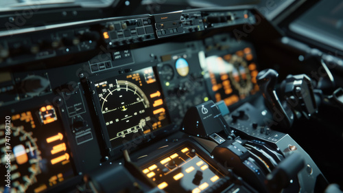 The complex cockpit of an aircraft aglow with buttons and dials.