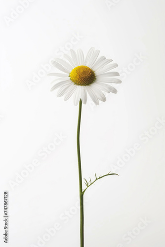 A single daisy stands tall on a white background