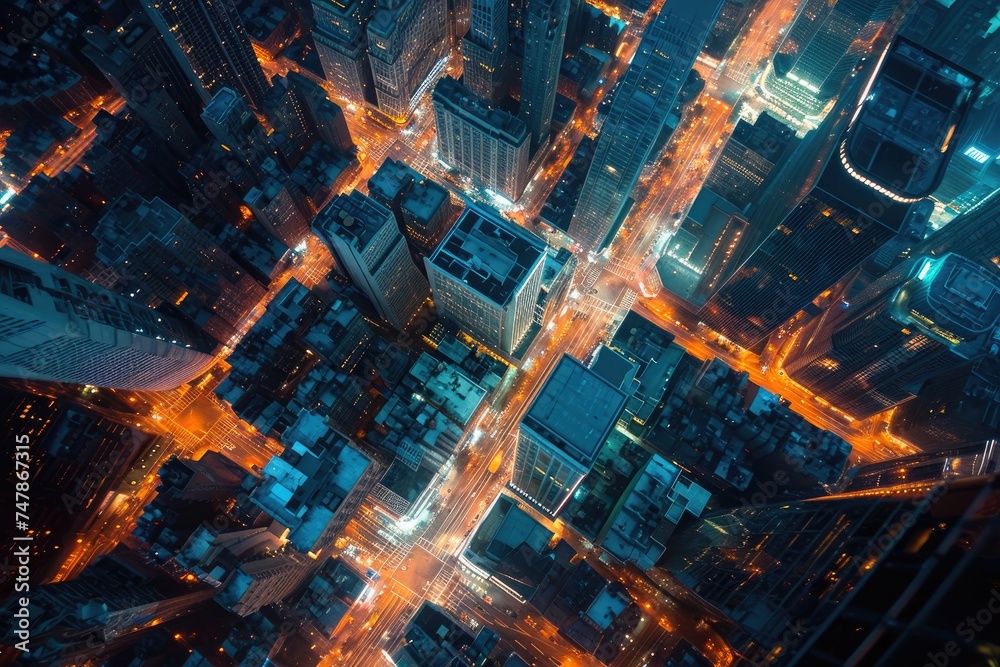 An overhead shot of a bustling city illuminated by the lights of its buildings and streets during the nighttime, View of a city transitioning from day to night from above, AI Generated