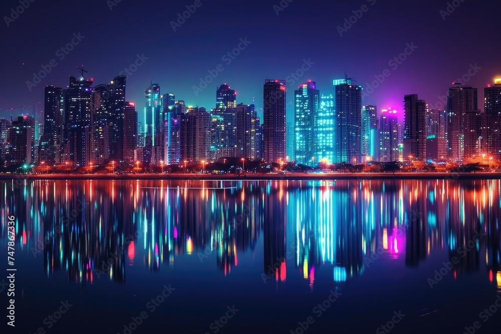 Fototapeta premium A vibrant city skyline illuminated at night, showcasing brightly lit skyscrapers and a bustling urban environment, View of a city's illuminated skyline reflecting in a lake, AI Generated